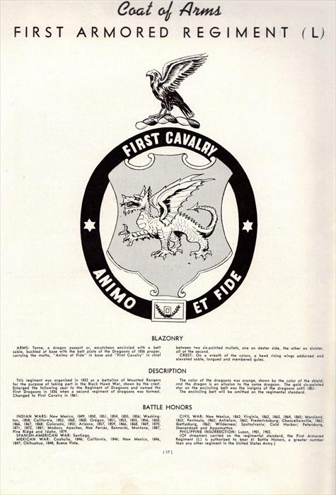 Original black & white pic depicting the 1st Armored Regiment insignia and description.