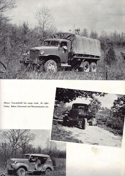 Large vehicles used as transportation; 2 1/2 'Deuce-and-a-half' ton truck, a tanker truck, and Command & Reconnaissance car.