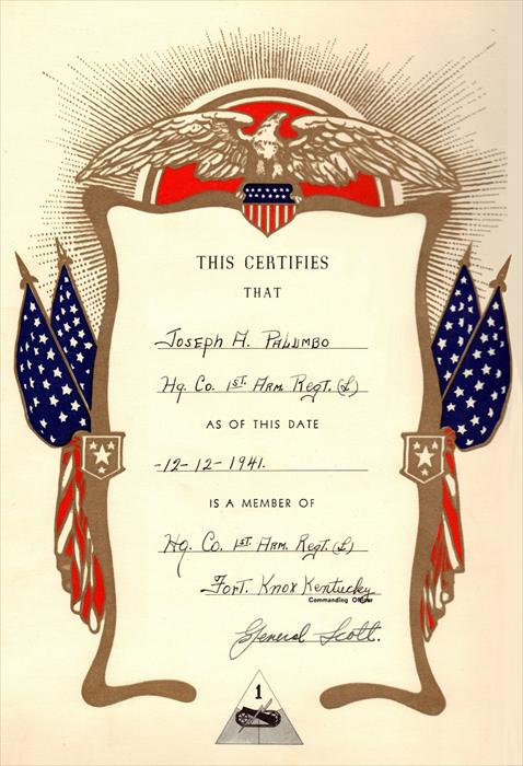 Certification of Corporal Joseph A. Palumbo as a member of Headquarters Company, 1st Armored Regiment (L), as of 12 Dec. 1941.
