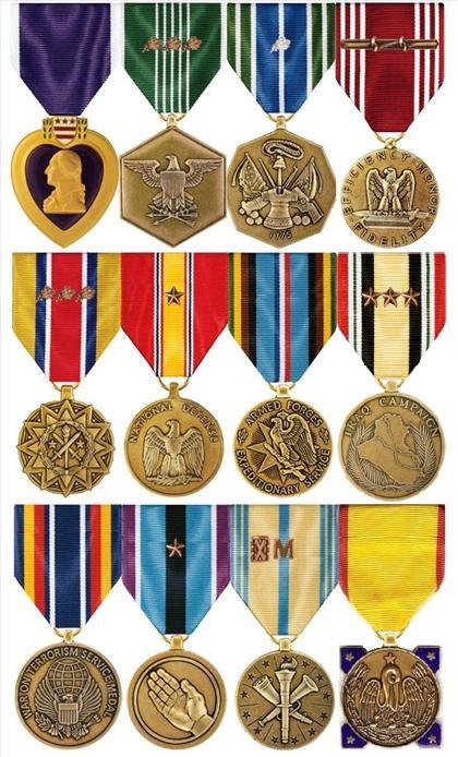 Medals earned over 15 years of honorable service to this country. Top Row: Purple Heart, ARCOM w/3 oak leaf clusters, AAM w/1 silver leaf cluster, and GCM with rope device and two knots. Middle Row: ARCAM w/3 oak leaf clusters, NDSM w/1 bronze service star, AFEM, and ICM w/3 bronze service stars Bottom Row: GWOTSM, HSM w/1 bronze service star, AFRM w/Bronze Hourglass & 'M' devices, LA Emergency Service Medal