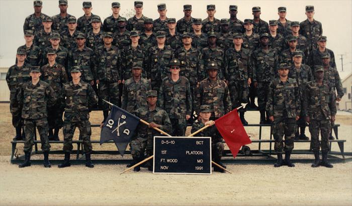 Picture of my Platoon taken in Basic Combat Training (BCT) at Fort Leonardwood, Missouri in Nov. 1991. I was in D (Delta) Company-1st Platoon, 5th Battalion, 10th Infantry Regiment. I'm in the top row, fifth from the left.
