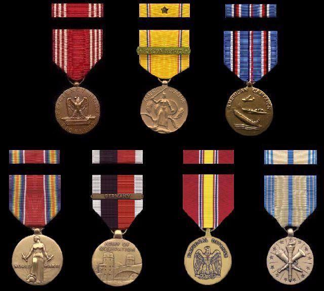My Grandfather's medals from his time in service; (Top Row) Army Good Conduct Medal, American Defense Service Medal w/Foreign Service Clasp 'Germany', American Campaign Medal (Bottom Row) World War II Victory Medal, Army Occupation Medal w/Foreign Service Clasp 'Germany', National Defense Service Medal, and Armed Forces Reserve Medal.
