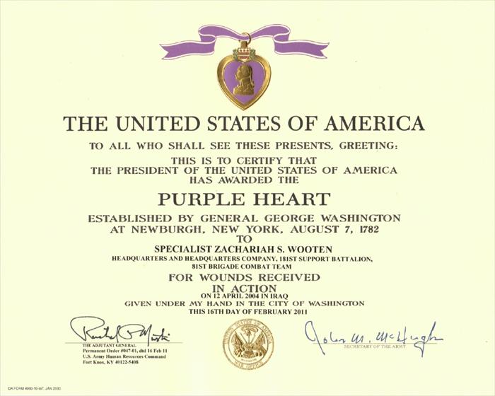 Here is the official certificate I received for my award of the Purple Heart for wounds received in combat, 12 Apr 2004.