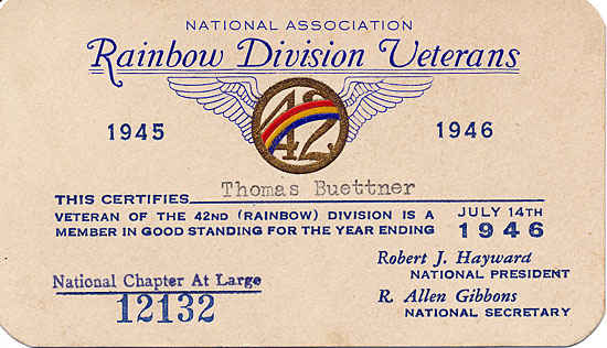 42nd Infantry card received after Thomas was honorably discharged.
