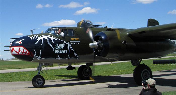 B-25 getting ready to take off in Urbana, Ohio. This B-25 participated in the Doolittle Raider Reunion in Dayton, Ohio earlier in the day.