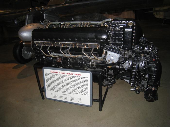 P-51 Merlin engine (Packard V-1650). This engine is liquid cooled and created by the British. The United States created its own Merlin engine for mass production in Detroit where over 16,000 were built. The Merlin engine was most known for its unique sound in the P-51 Mustang but also provided power to the Spitfire, Mosquito, Lancaster and even the P-40 in later models.