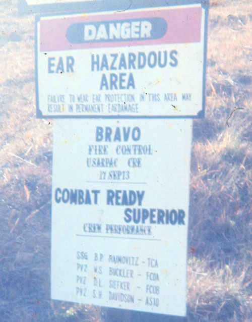 Korea 1974 Sign put up at B Battery Entry. Dennis Siefker 3rd name for meritorious firing of missile and combat ready superior.