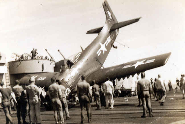 AD-2 Skyraider missed its mark on the carrier landing. It was an  attack bomber that was the backbone of the Navy during the Korean War..