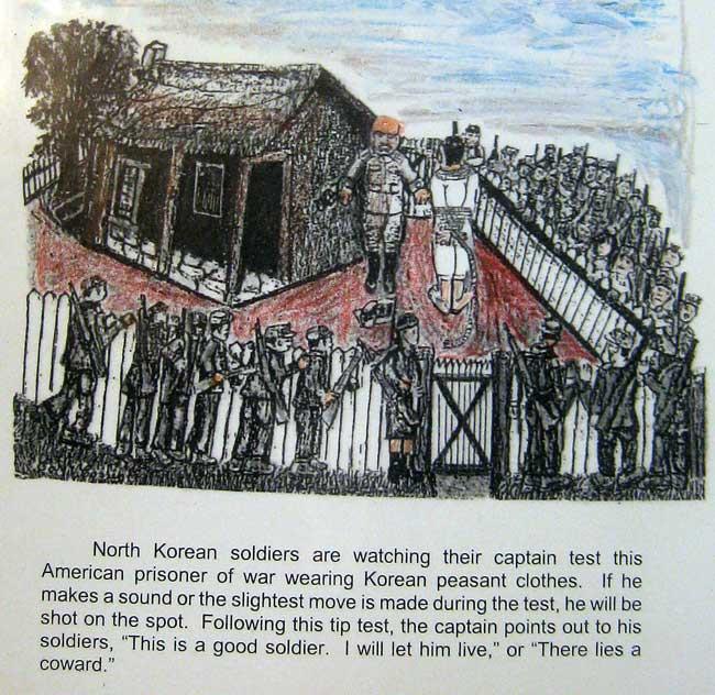 North Korean soldiers are watching their captain test an American POW. If the prisoner makes a sound or moves they will be shot. If the soldier does not move then they will live.