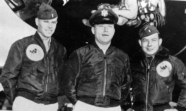 Morris' crew in Korea, 1952.  L/R  Lewis (navigator); Rebuen (pilot);  Morris Briggs (navigator)