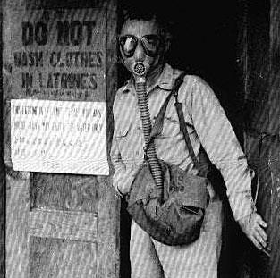 Clowning around:  Latrine was often out of order but never without odor, so Briggs came prepared.