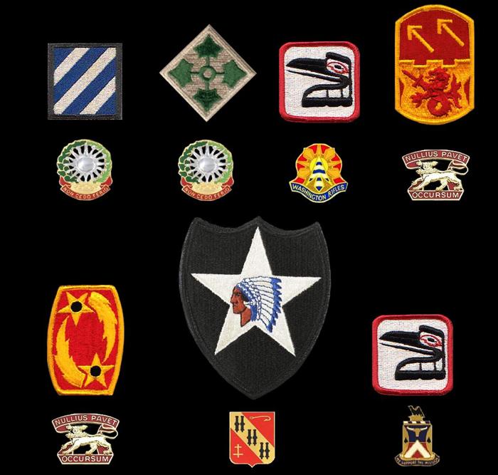 SSI worn, Top row from left-to-right: 3rd Infantry 'Marne' Division (Location-Kitzingen, Germany), 4th Infantry 'Ivy' Division (Location-Fort Carson, Colorado), 81st Armored Brigade (Location-Seattle, WA), 94th Air Defense Artillery (ADA) Brigade (Location-Hanau, Germany; Bottom row: 69th Air Defense Artillery (ADA) Brigade (Location-Hanau, Germany), 2nd Infantry 'Indianhead' Division (Location-Fort Lewis, Washington), Redesignated 81st Brigade Combat Team (BCT) (Location-Seattle, Washington).  Distinctive Unit Insignia-Top Row: 3rd ADA Regiment (Assigned unit-4th Battalion, 3rd ADA), 3rd ADA Regiment (Assigned unit-1st Battalion, 3rd ADA), HHC 81st Armored Brigade (Assigned unit-HHC 81st Armored Bde), 7th ADA Regiment (Assigned unit-5th Battalion (Patriot), 7th ADA).  Bottom row: 7th ADA Regiment (Assigned unit-5th Battalion (Patriot), 7th ADA), 5th ADA Regiment (Assigned unit-C Battery, 5th Battalion, 5th ADA), & 181st Support Battalion (Assigned unit-HHC 181st Support Battalion)